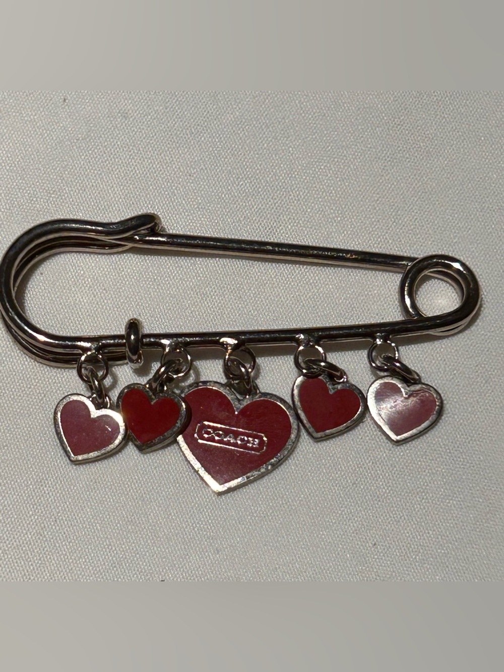 Vintage Coach Silver-Tone Brooch with Red Heart Charms